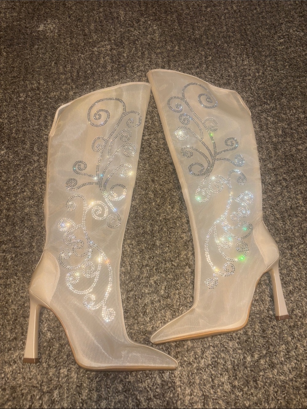 Gianni Bini Ivory Sheer Embellished Knee-High Stiletto Boots